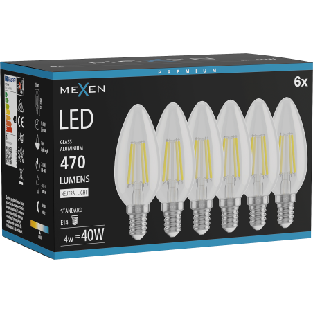 Mexen Vintis 6x LED filamenta spuldze E14, C35, 4W, Neitrāla - 4000K, 470 lm, dzidra - L154-E14-0427-00x06