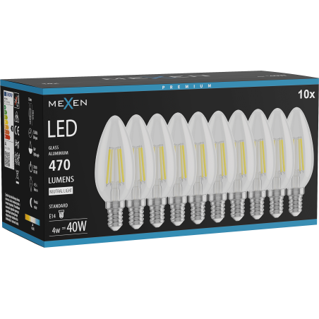 Mexen Vintis 10x LED filamentglödlampa E14, C35, 4W, Neutral - 4000K, 470 lm, klar - L154-E14-0427-00x10 - L154-E14-0440-00x10