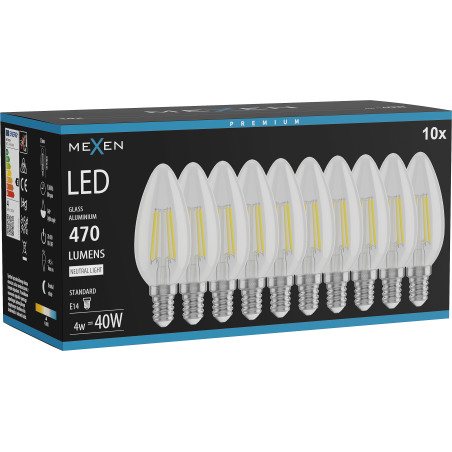 Mexen Vintis 10x LED pavedienu spuldze E14, C35, 4W, Neitrāla - 4000K, 470 lm, caurspīdīga - L154-E14-0427-00x10
