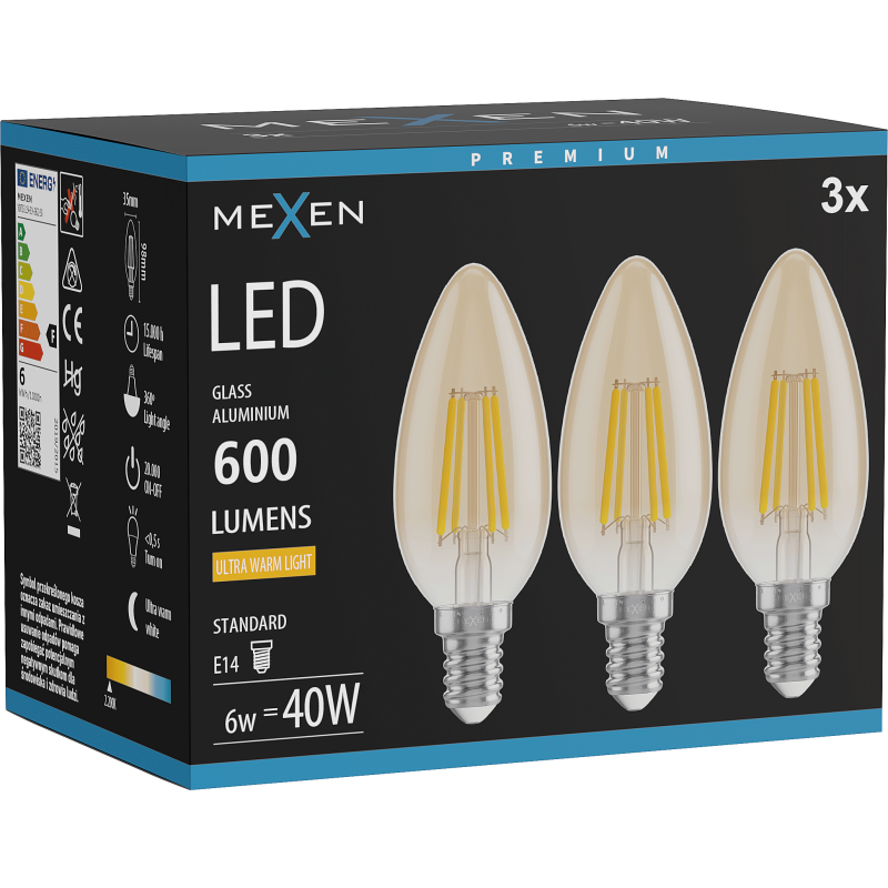 Mexen Vintis 3x LED Filament Bulb E14, C35, 6W, Warm - 2200K, 600 lm, amber - L154-E14-0622-50x03