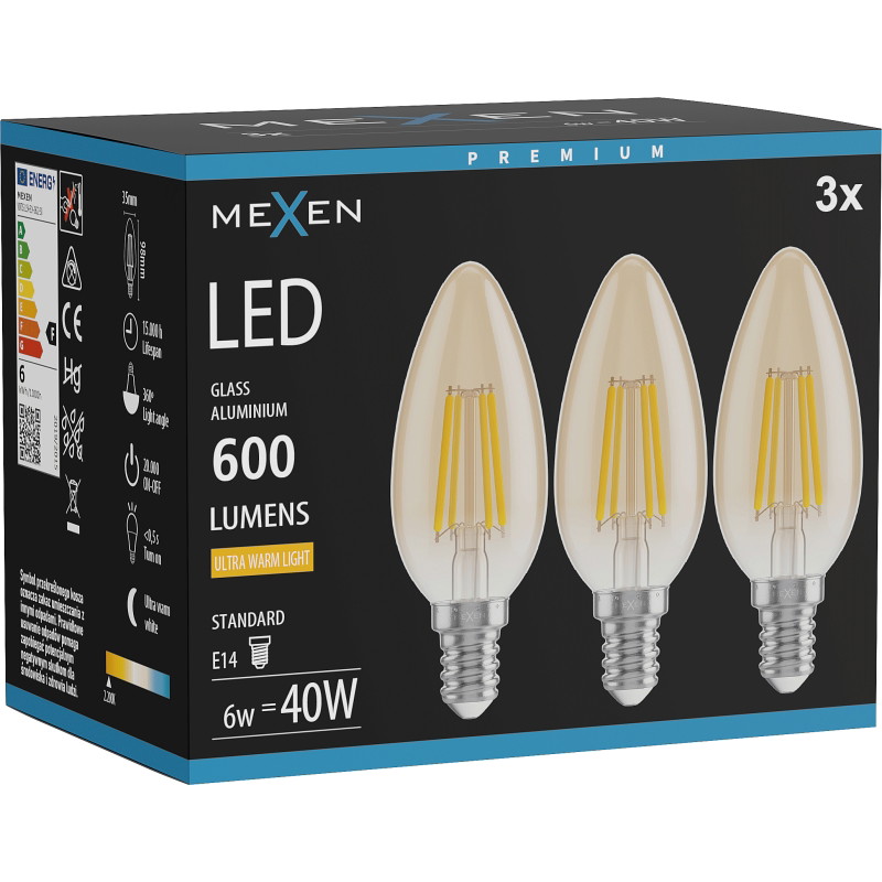 Mexen Vintis 3x LED filamentlamp E14, C35, 6W, Warm - 2200K, 600 lm, amber - L154-E14-0622-50x03
