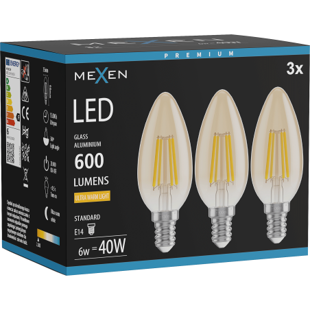 Mexen Vintis 3x Λάμπα LED filament E14, C35, 6W, Θερμό - 2200K, 600 lm, κεχριμπαρένιο