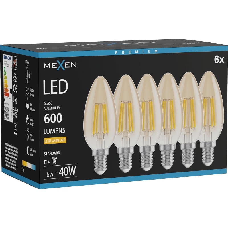 Mexen Vintis 6x LED-filamentlampa E14, C35, 6W, Varm - 2200K, 600 lm, bärnsten - L154-E14-0622-50x06
