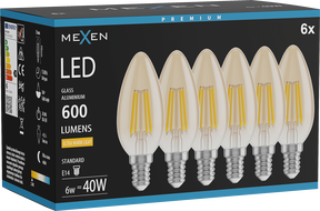 Mexen Vintis 6x filament LED-lamp E14, C35, 6W, Soe - 2200K, 600 lm, merevaik - L154-E14-0622-50x06