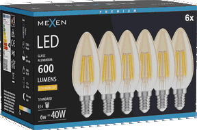 Mexen Vintis 6x LED E14 kvēldiega spuldze, C35, 6W, Silta - 2200K, 600 lm, dzintars - L154-E14-0622-50x06