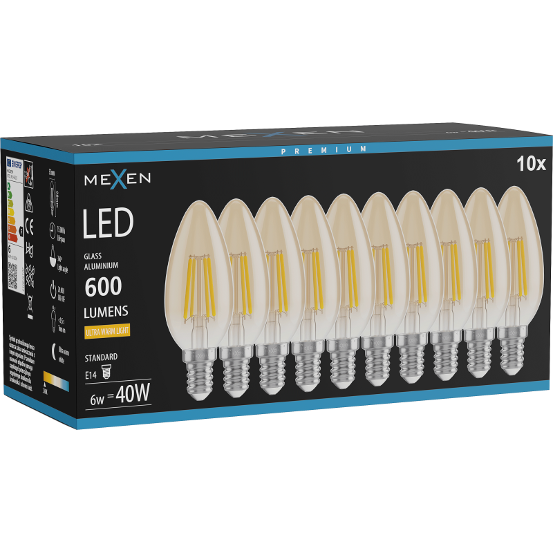 Mexen Vintis 10x LED filamenta spuldze E14, C35, 6W, Silta - 2200K, 600 lm, dzintara - L154-E14-0622-50x10