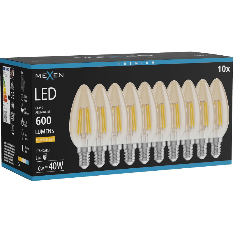 Mexen Vintis 10x LED filamentlamp E14, C35, 6W, Warm - 2200K, 600 lm, amber - L154-E14-0622-50x10