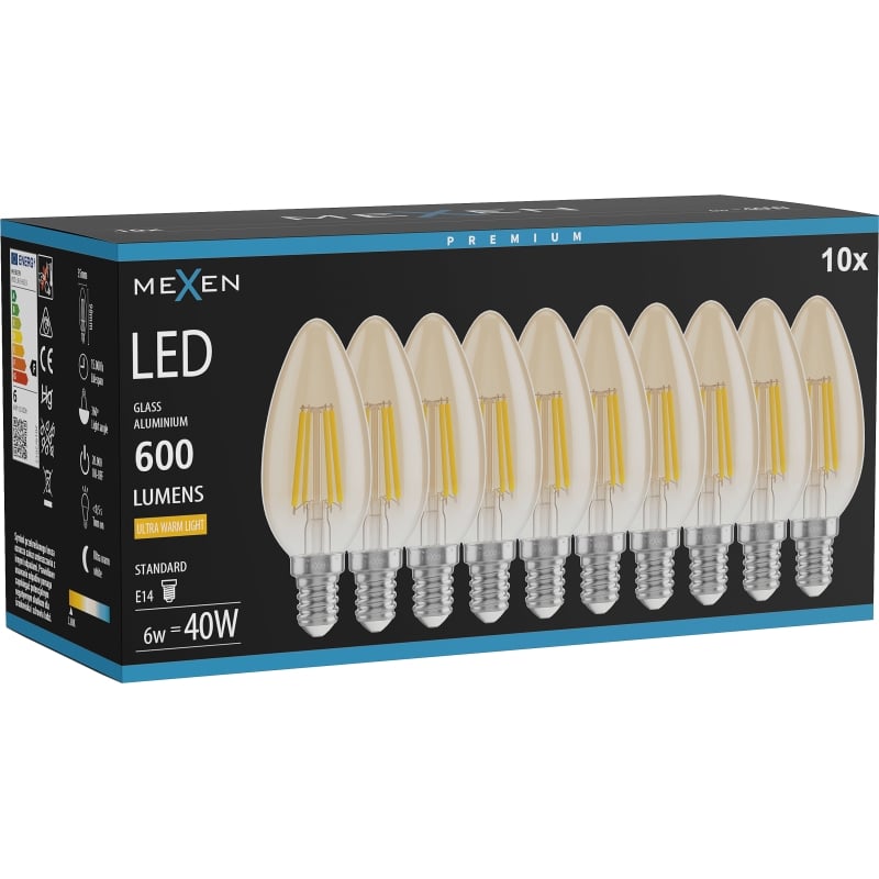 Mexen Vintis 10x LED-filamentlampa E14, C35, 6W, Varm - 2200K, 600 lm, bärnsten - L154-E14-0622-50x10
