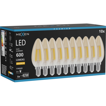 Mexen Vintis 10x LED filamenta spuldze E14, C35, 6W, Silta - 2200K, 600 lm, dzintara - L154-E14-0622-50x10