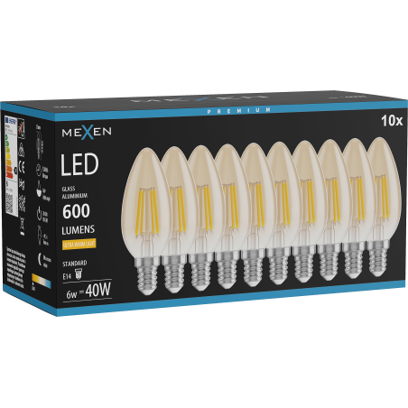 Mexen Vintis 10x LED-filamentlampa E14, C35, 6W, Varm - 2200K, 600 lm, bärnsten - L154-E14-0622-50x10