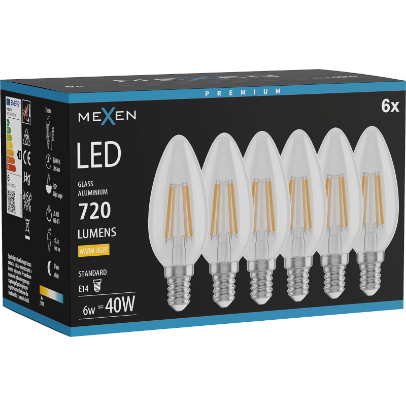 Mexen Vintis 6x Filament LED-glödlampa E14, C35, 6W, Varm - 2700K, 720 lm, klar - L154-E14-0627-00x06