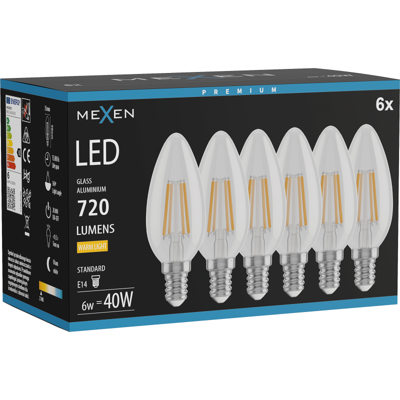 Mexen Vintis 6x Λαμπτήρας νήματος LED E14, C35, 6W, Θερμό - 2700K, 720 lm, διάφανος