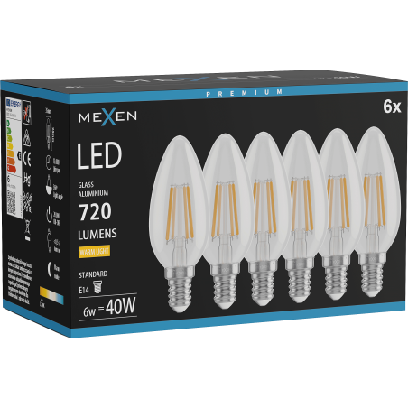 Mexen Vintis 6x LED-Filament-Glühbirne E14, C35, 6W, Warm - 2700K, 720 lm, klar - L154-E14-0627-00x06