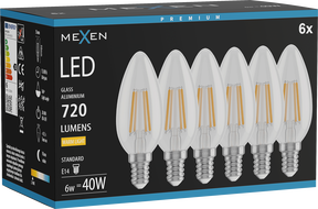 Mexen Vintis 6x LED-filamentlamp E14, C35, 6W, Soe - 2700K, 720 lm, selge - L154-E14-0627-00x06