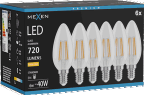 Mexen Vintis 6x LED filamentu spuldze E14, C35, 6W, Silta gaisma - 2700K, 720 lm, skaidra - L154-E14-0627-00x06
