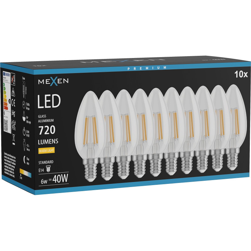 Mexen Vintis 10x Bombilla LED de filamento E14, C35, 6W, Cálida - 2700K, 720 lm, transparente - L154-E14-0627-00x10