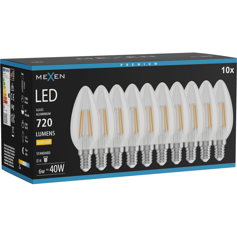 Mexen Vintis 10x Λάμπα LED filament E14, C35, 6W, Θερμό - 2700K, 720 lm, διαυγές - L154-E14-0627-00x10