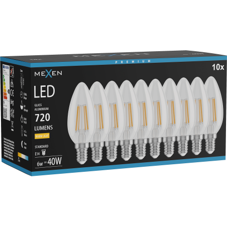 Mexen Vintis 10x LED Filament Bulb E14, C35, 6W, Warm - 2700K, 720 lm, clear - L154-E14-0627-00x10
