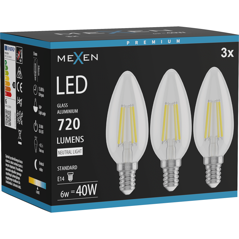 Mexen Vintis 3x LED kvēldiega spuldze E14, C35, 6W, Neitrāla - 4000K, 720 lm, caurspīdīga - L154-E14-0640-00x03