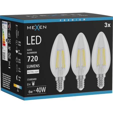 Mexen Vintis 3x LED kvēldiega spuldze E14, C35, 6W, Neitrāla - 4000K, 720 lm, caurspīdīga - L154-E14-0640-00x03