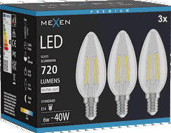 Mexen Vintis 3x LED kvēldiega spuldze E14, C35, 6W, Neitrāla - 4000K, 720 lm, caurspīdīga - L154-E14-0640-00x03