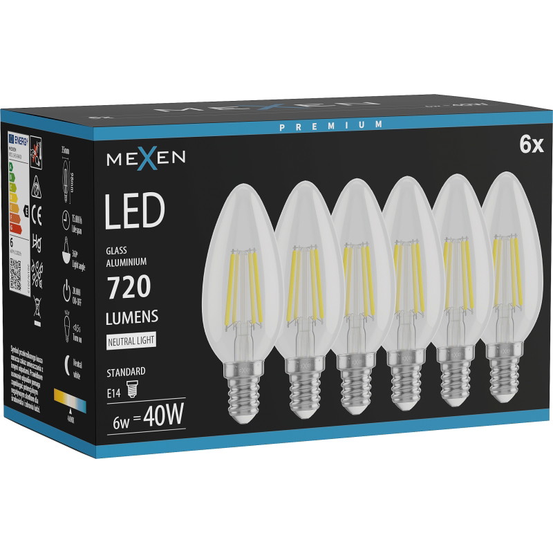 Mexen Vintis 6x Filamentti LED-lamppu E14, C35, 6W, Neutraali - 4000K, 720 lm, kirkas - L154-E14-0640-00x06
