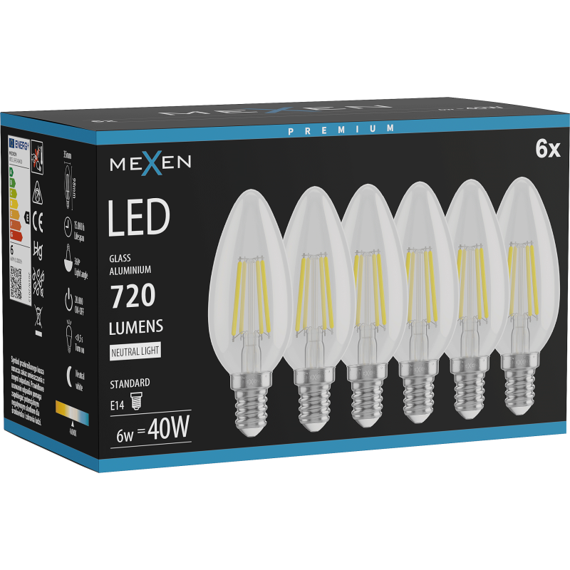 Mexen Vintis 6x spuldze LED filaments E14, C35, 6W, Neitrāla - 4000K, 720 lm, caurspīdīga - L154-E14-0640-00x06