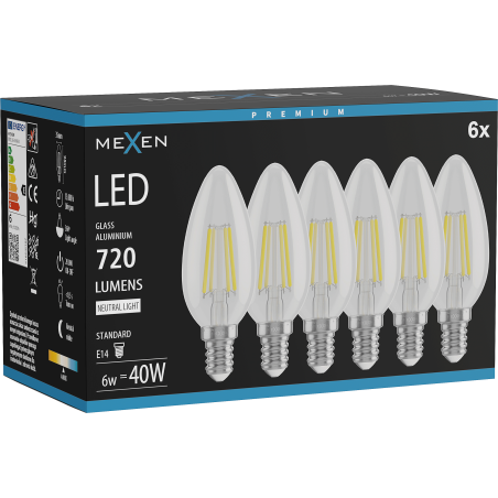 Mexen Vintis 6x LED filamentlampa E14, C35, 6W, Neutral - 4000K, 720 lm, klar - L154-E14-0640-00x06
