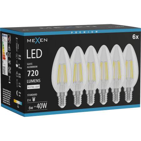 Mexen Vintis 6x spuldze LED filaments E14, C35, 6W, Neitrāla - 4000K, 720 lm, caurspīdīga - L154-E14-0640-00x06