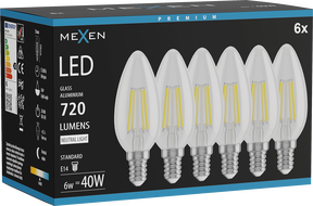 Mexen Vintis 6x LED E14 hõõgniidiga pirn, C35, 6W, Neutraalne - 4000K, 720 lm, läbipaistev - L154-E14-0640-00x06