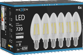 Mexen Vintis 6x żarówka filament LED E14, C35, 6W, Neutralna - 4000K, 720 lm, clear - L154-E14-0640-00x06