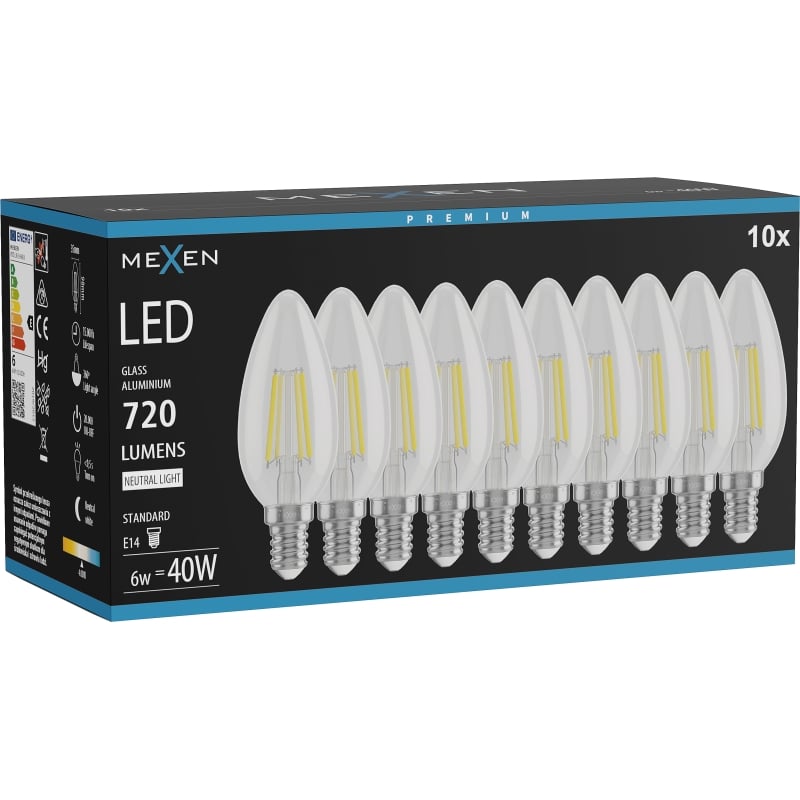 Mexen Vintis 10x Lampadina LED a filamento E14, C35, 6W, Neutro - 4000K, 720 lm, chiara - L154-E14-0640-00x10