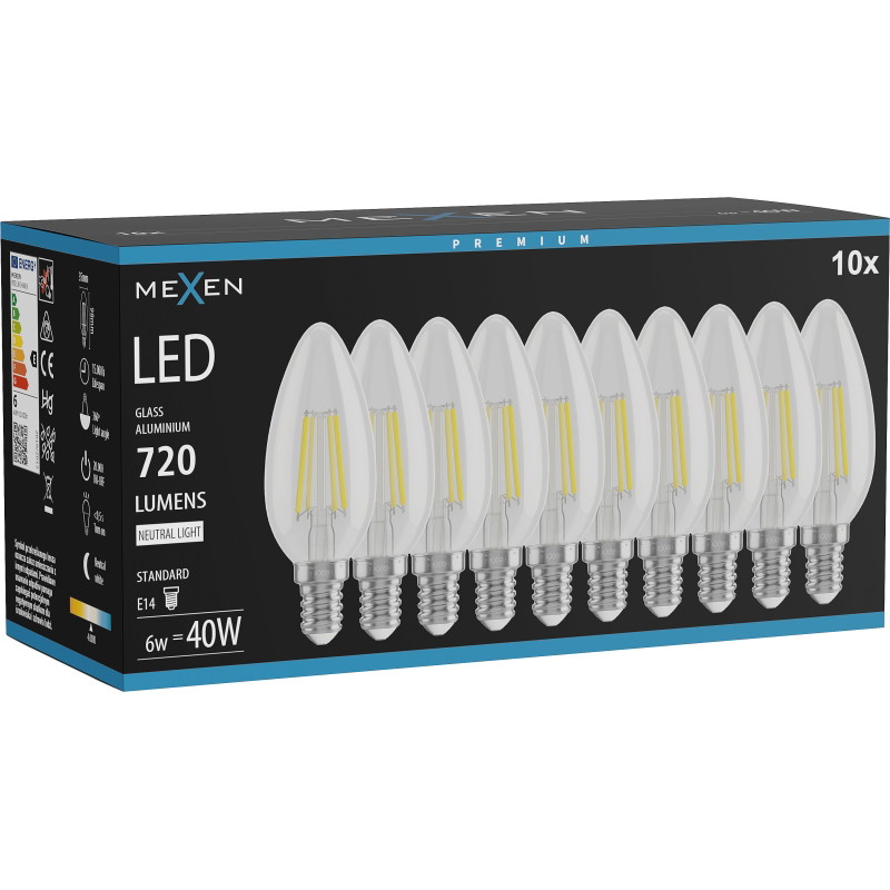 Mexen Vintis 10x LED-filamenttilamppu E14, C35, 6W, Neutraali - 4000K, 720 lm, kirkas - L154-E14-0640-00x10