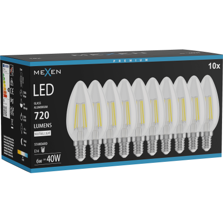 Mexen Vintis 10x LED filamentlamp E14, C35, 6W, Neutraal - 4000K, 720 lm, helder - L154-E14-0640-00x10