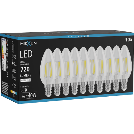 Mexen Vintis 10x LED spuldze ar kvēldiegu E14, C35, 6W, Neitrāla - 4000K, 720 lm, caurspīdīga - L154-E14-0640-00x10