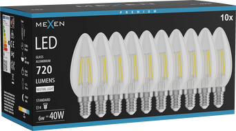 Mexen Vintis 10x LED-Filamentlampe E14, C35, 6W, Neutral - 4000K, 720 lm, klar - L154-E14-0640-00x10
