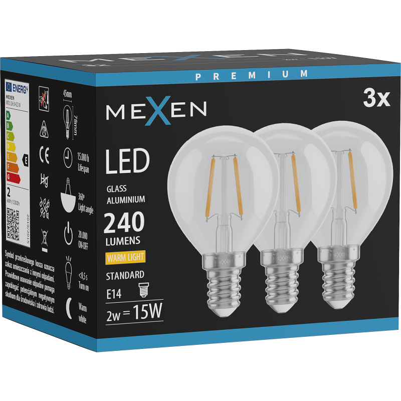 Mexen Vintis 3x LED diegu spuldze E14, G45, 2W, Silta - 2700K, 240 lm, caurspīdīga - L156-E14-0227-00x03