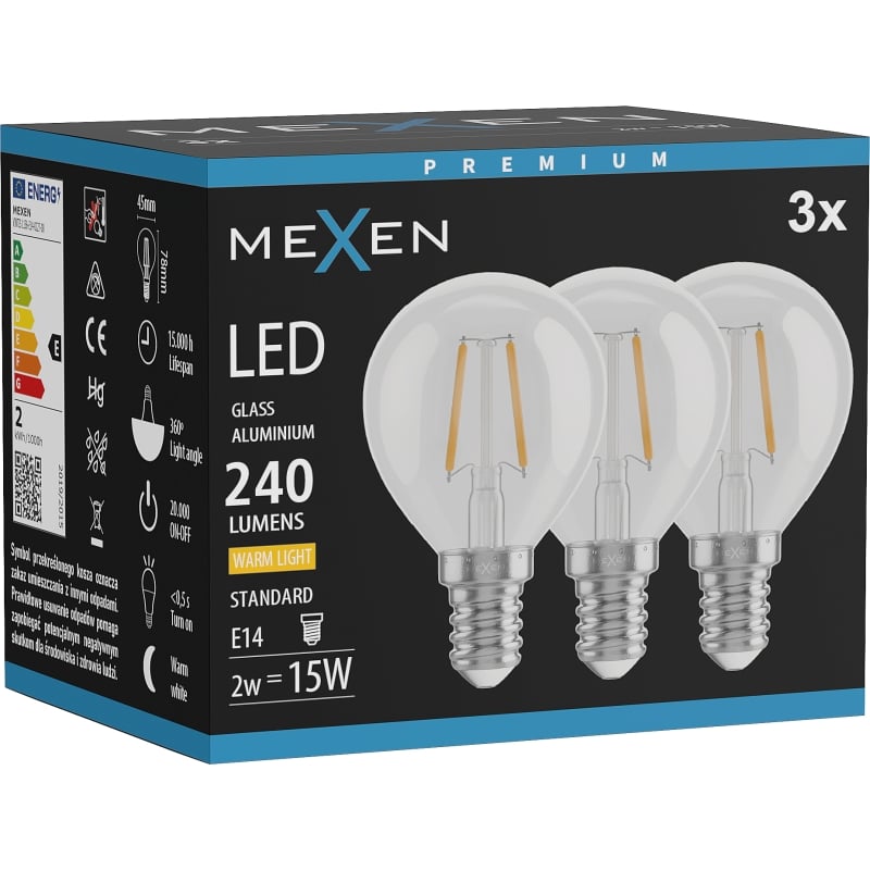 Mexen Vintis 3x LED-filamentlampa E14, G45, 2W, Varm - 2700K, 240 lm, klar - L156-E14-0227-00x03
