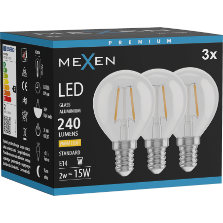 Mexen Vintis 3x LED-Filament-Glühbirne E14, G45, 2W, Warm - 2700K, 240 lm, klar - L156-E14-0227-00x03