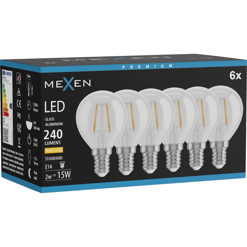 Mexen Vintis 6x Bombilla de filamento LED E14, G45, 2W, Cálida - 2700K, 240 lm, transparente - L156-E14-0227-00x06