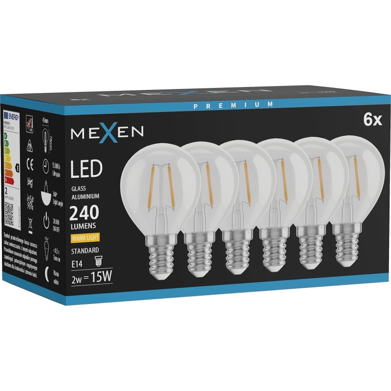 Mexen Vintis 6x Lampadina a filamento LED E14, G45, 2W, Calda - 2700K, 240 lm, trasparente - L156-E14-0227-00x06