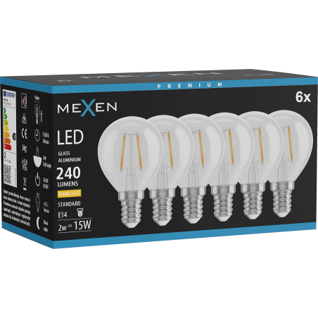 Mexen Vintis 6x Lampadina a filamento LED E14, G45, 2W, Calda - 2700K, 240 lm, trasparente - L156-E14-0227-00x06