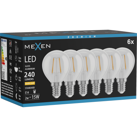 Mexen Vintis 6x LED-Filament-Glühbirne E14, G45, 2W, Warm - 2700K, 240 lm, klar - L156-E14-0227-00x06