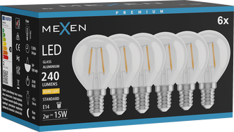 Mexen Vintis 6x LED hõõgniidi pirn E14, G45, 2W, Soe - 2700K, 240 lm, läbipaistev - L156-E14-0227-00x06