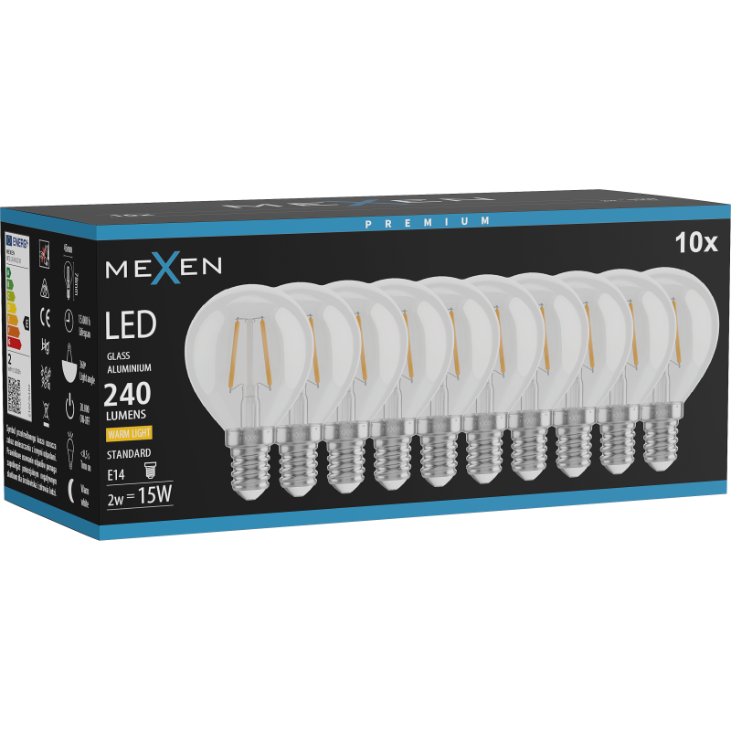 Mexen Vintis 10x LED spuldze filaments E14, G45, 2W, silti - 2700K, 240 lm, caurspīdīgs - L156-E14-0227-00x10