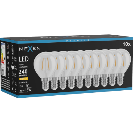 Mexen Vintis 10x Lampadina a filamento LED E14, G45, 2W, Calda - 2700K, 240 lm, trasparente - L156-E14-0227-00x10