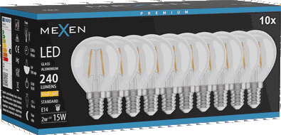 Mexen Vintis 10x LED-filamentlamp E14, G45, 2W, Warm - 2700K, 240 lm, helder - L156-E14-0227-00x10