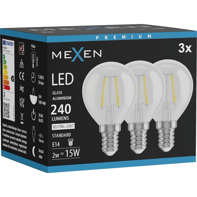 Mexen Vintis 3x Filament LED-lamp E14, G45, 2W, Neutraal - 4000K, 240 lm, helder - L156-E14-0240-00x03