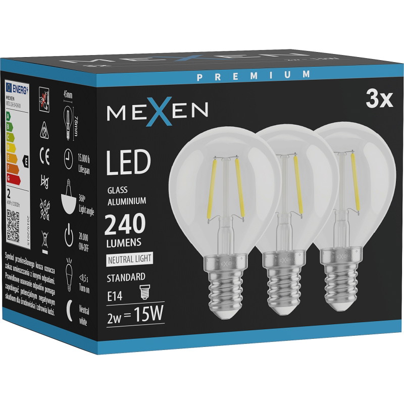 Mexen Vintis 3x LED-filamenttilamppu E14, G45, 2W, Neutraali - 4000K, 240 lm, kirkas - L156-E14-0240-00x03