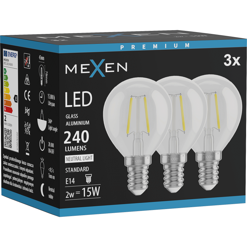 Mexen Vintis 3x LED spuldze ar kvēldiegu, E14, G45, 2W, Neitrāls - 4000K, 240 lm, caurspīdīgs - L156-E14-0240-00x03